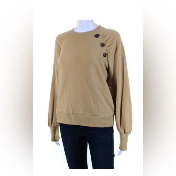 Who What Wear Womens Side Button Ruched Crew Neck Beige Sweatshirt - Picture 3 of 9